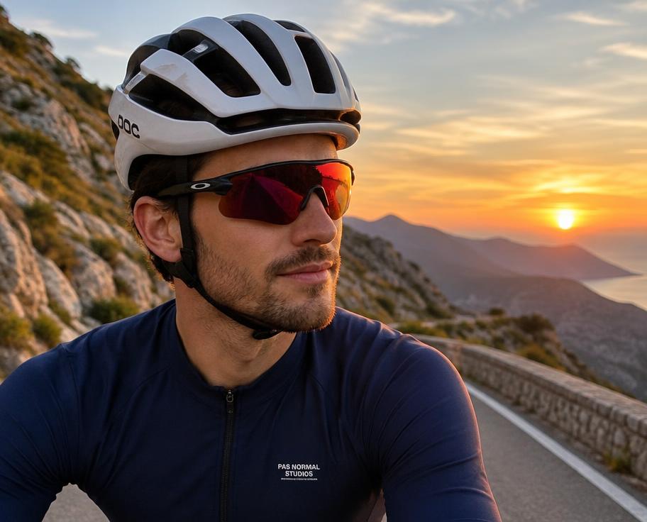 Cyclist riding a mountain road at sunset