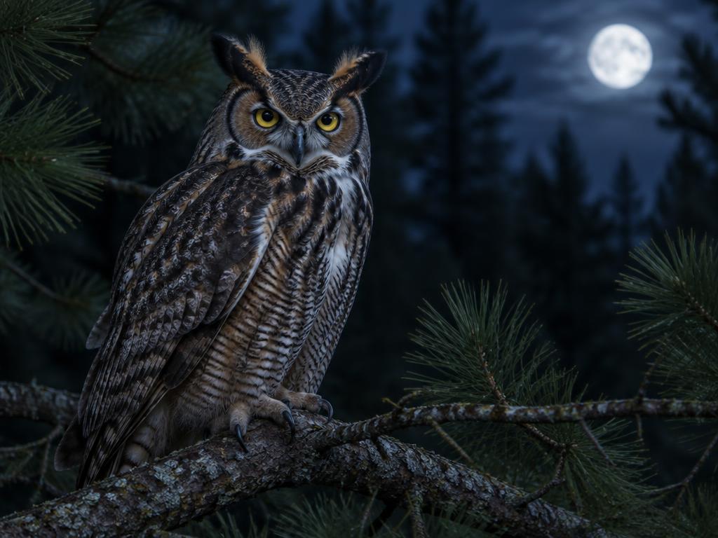 Great horned owl perched on a pine branch at night