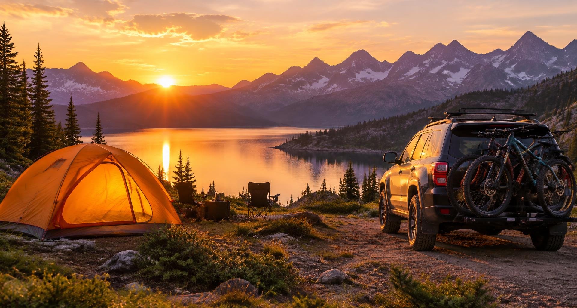 Campsite with a glowing tent and an SUV carrying bikes by an alpine lake at sunset