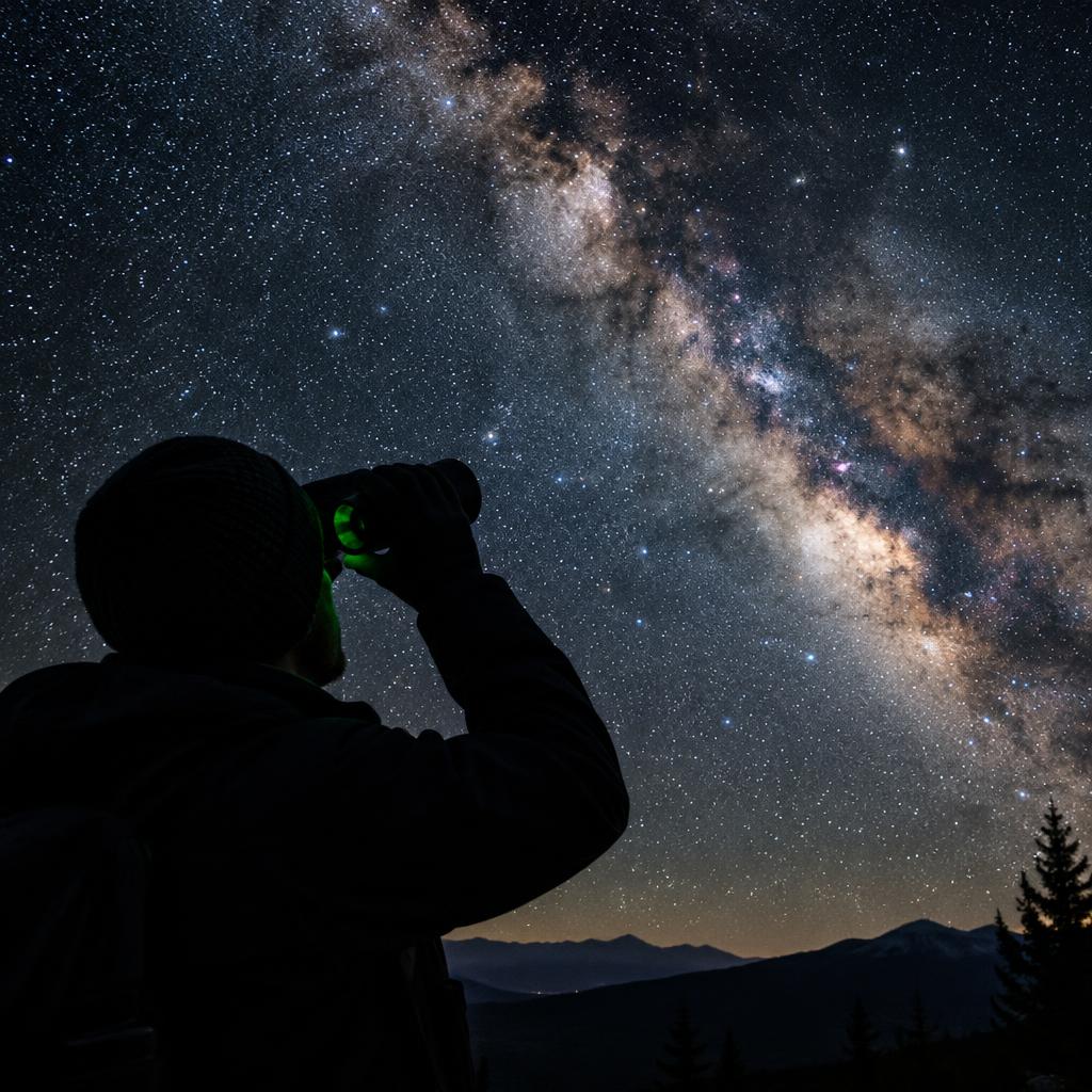 Person looking through night vision binoculars under the Milky Way