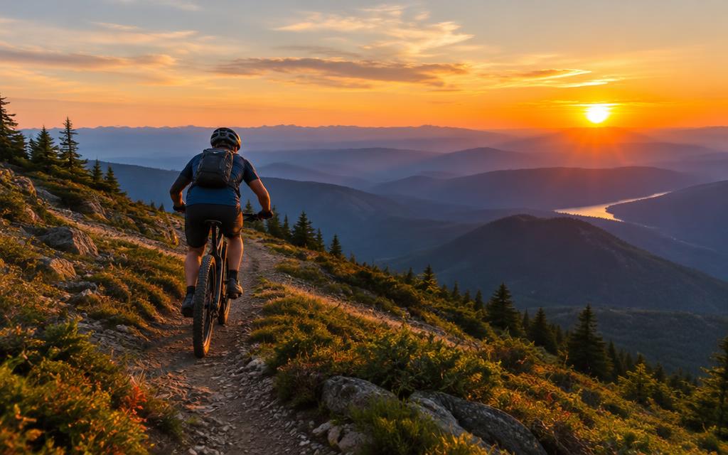 Mountain biker on a ridge trail at sunset — AI-generated illustration