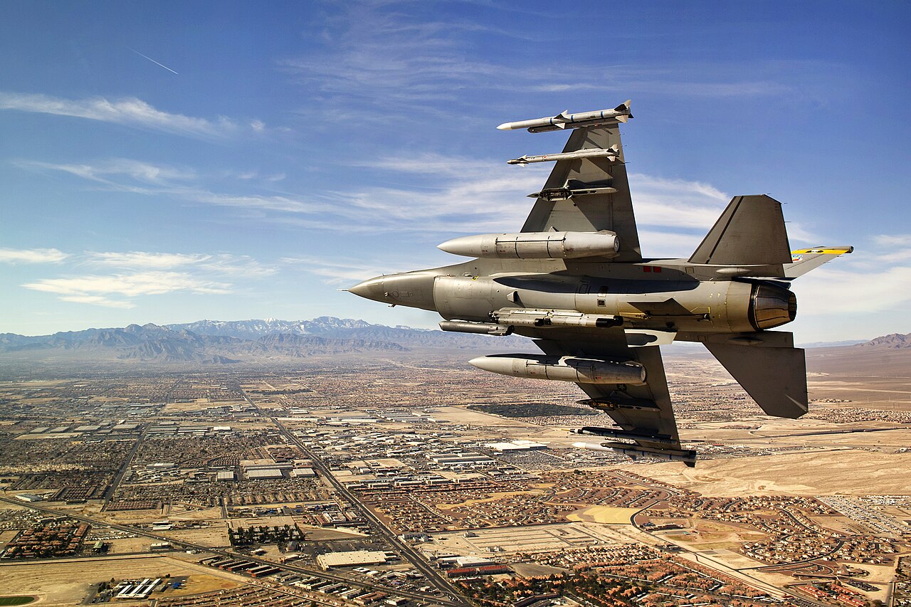 A USAF F-16 pilot breaking right on final approach over northern Las Vegas, illustrative activity photo