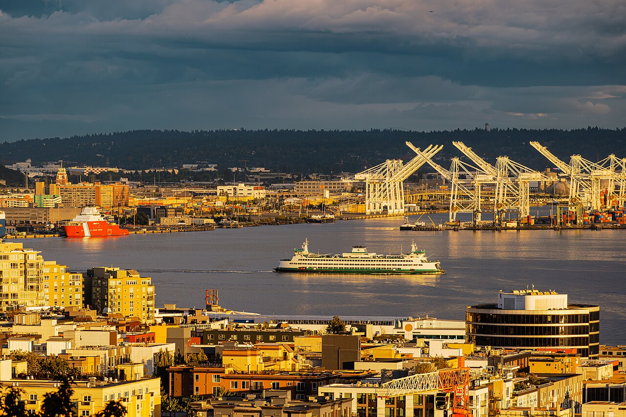 Washington State Ferry with Port of Seattle cranes from Kerry Park, June 2026, illustrative activity photo