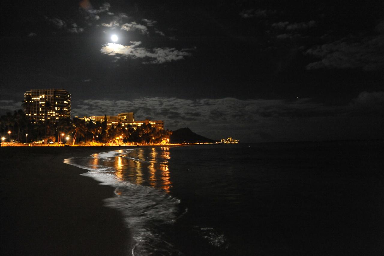 Waikiki Beach and Diamond Head at night, illustrative activity photo