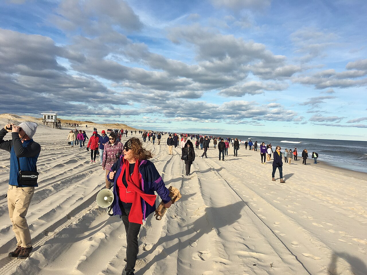Island Beach State Park First Day Hike 2019 large group on beach, illustrative photo