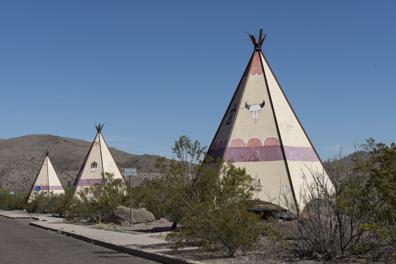 Tipi-themed rest stop in arid Big Bend Ranch State Park in Brewster County, Texas. The park, also situated along the Rio Grande River, is adjacent to the better-known Big Bend National Park LCCN2015630411, illustrative activity photo