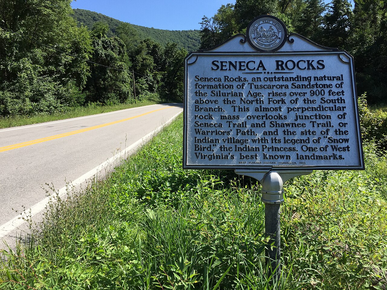 2017-08-09 15 47 22 Historical marker for Seneca Rocks along eastbound U.S. Route 33 and southbound West Virginia State Route 28 in Seneca Rocks, Pendleton County, West Virginia, illustrative activity photo