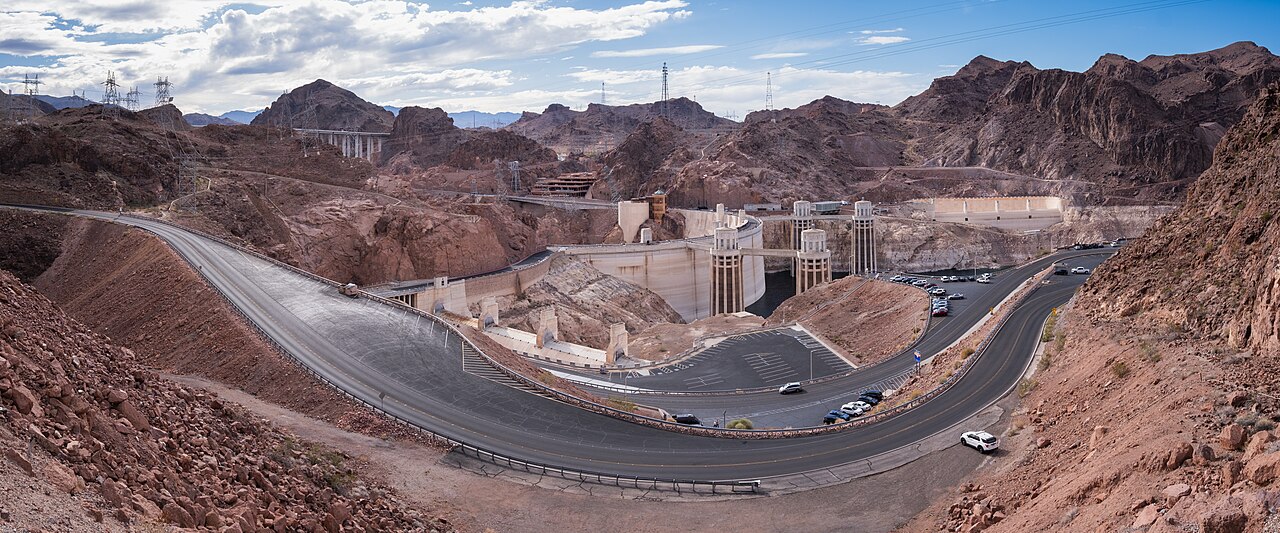 Approach road, switchyards and canyon near Hoover Dam, panorama, Nevada, United States, illustrative activity photo