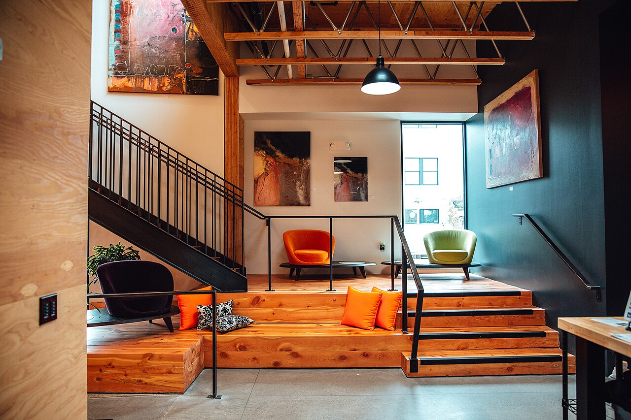 Cannery District Bozeman Epic Fitness Interior Wood Stairs, illustrative photo