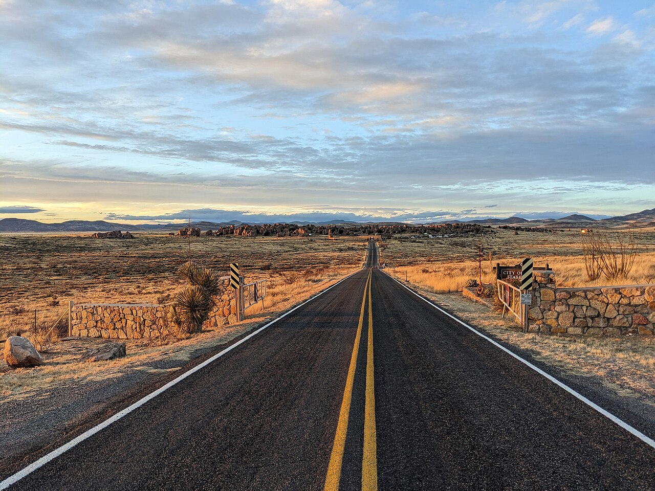 Looking N-NW towards the main entrance to City of Rocks State Park near Faywood, New Mexico at sunset on 2 Feb 2023, illustrative activity photo